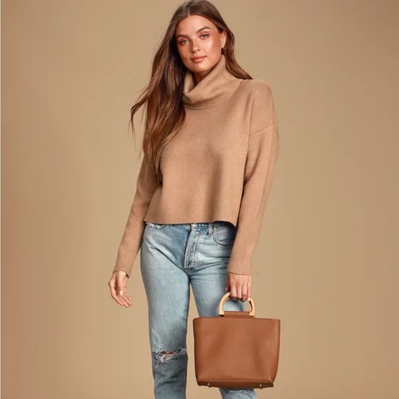 Lulus “Lets Cuddle Tan Cowel Neck Sweater” - Picture 2 of 8